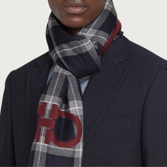 Salvatore Ferragamo Plaid Double Sided Reversible Scarf Gancini Logo Navy/Rosso - Picture 2 of 11